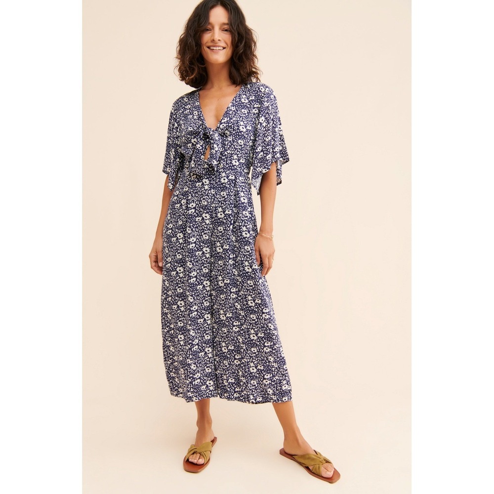 Women's Blue Floral Tie-Front Jumpsuit & Romper